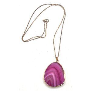 Natural Pink Agate Pendant Necklace With Gold-Tone Chain For Women